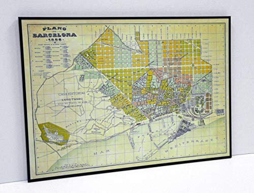 BaikalGallery Plano DE LA Ciudad DE Barcelona EN 1896 Cuadro Enmarcado (A1117)- MOLDURA DE Aluminio Negro DE 1,5CM- Montaje EN Panel Adhesivo Y Ligero (Foam)- Laminado EN Mate (SIN Cristal) (50x70cm)