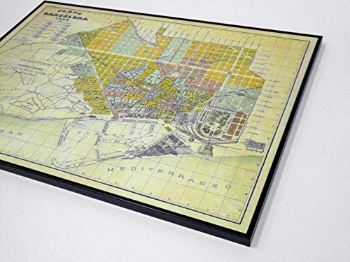 BaikalGallery Plano DE LA Ciudad DE Barcelona EN 1896 Cuadro Enmarcado (A1117)- MOLDURA DE Aluminio Negro DE 1,5CM- Montaje EN Panel Adhesivo Y Ligero (Foam)- Laminado EN Mate (SIN Cristal) (50x70cm)