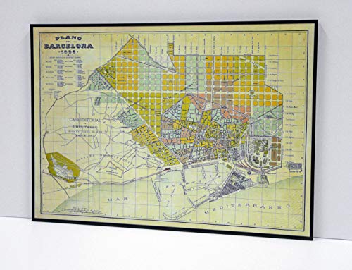 BaikalGallery Plano DE LA Ciudad DE Barcelona EN 1896 Cuadro Enmarcado (A1117)- MOLDURA DE Aluminio Negro DE 1,5CM- Montaje EN Panel Adhesivo Y Ligero (Foam)- Laminado EN Mate (SIN Cristal) (50x70cm)