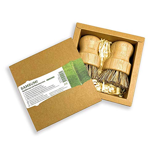 BAMBUMI - Cepillo para fregar sin plástico con mango de bambú y cerdas naturales (Union), producto 100% natural, 2 unidades