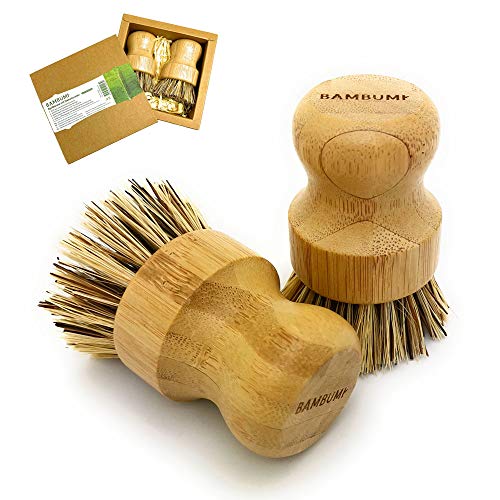BAMBUMI - Cepillo para fregar sin plástico con mango de bambú y cerdas naturales (Union), producto 100% natural, 2 unidades