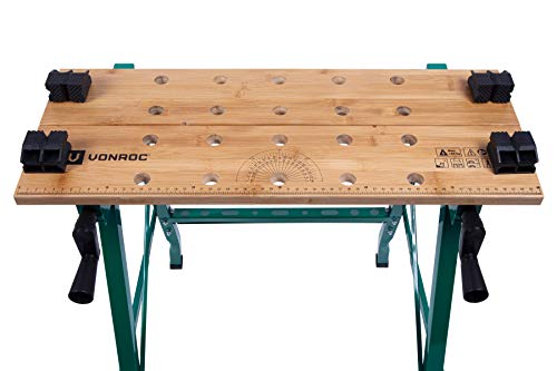 Banco de trabajo VONROC plegable con una capacidad de carga de hasta 150 kg – Provisto de un tablero de bambú