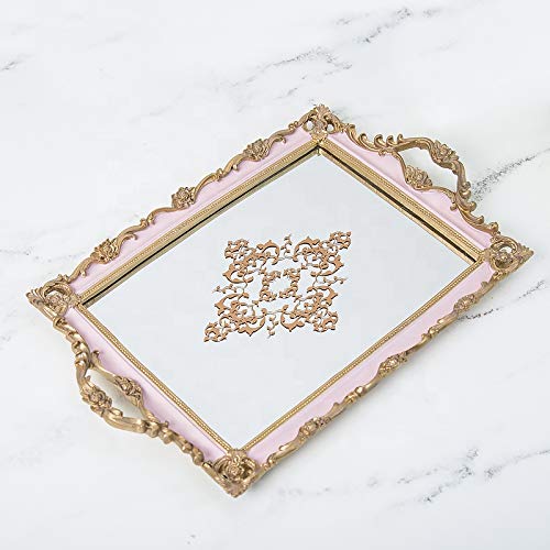 Bandeja decorativa de lujo para joyas con espejo ~ Tulip diseñada para mostrar y servir con elegante borde dorado y rosa.