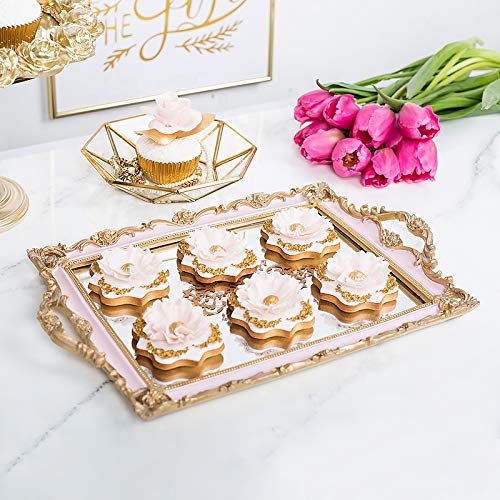 Bandeja decorativa de lujo para joyas con espejo ~ Tulip diseñada para mostrar y servir con elegante borde dorado y rosa.