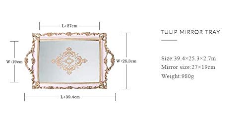 Bandeja decorativa de lujo para joyas con espejo ~ Tulip diseñada para mostrar y servir con elegante borde dorado y rosa.
