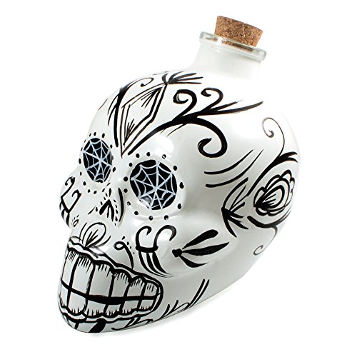 Bar Amigos® - Decantador de cristal con forma de calaveras de azúcar pintadas mexicanas y tapón de corcho para vinos y licores inspirados en el festival de vacaciones del Día de los Muertos Mexicianos