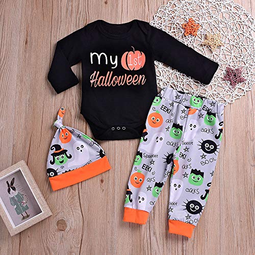 BaZhaHei Halloween Disfraz (6-24M) Bebé de Halloween manga larga túnicas de impresión mameluco pantalones de impresión de dibujos animados sombrero de tres piezas traje Mameluco Pantalón con Estampado