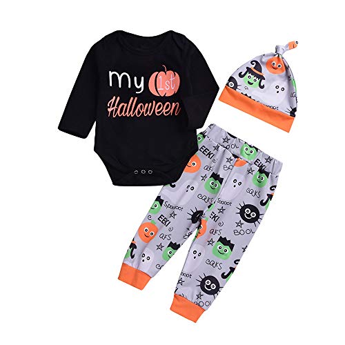 BaZhaHei Halloween Disfraz (6-24M) Bebé de Halloween manga larga túnicas de impresión mameluco pantalones de impresión de dibujos animados sombrero de tres piezas traje Mameluco Pantalón con Estampado