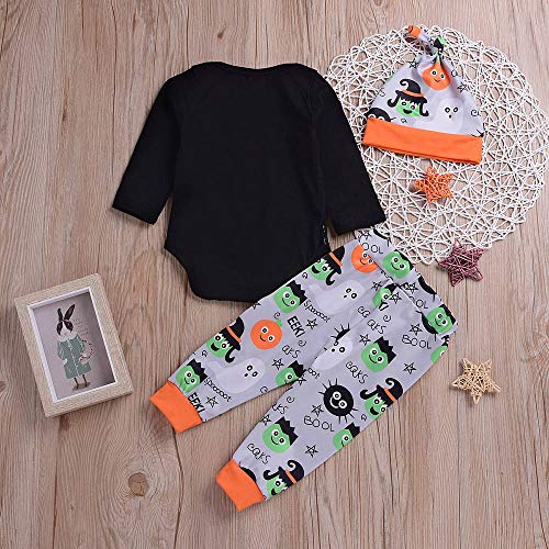 BaZhaHei Halloween Disfraz (6-24M) Bebé de Halloween manga larga túnicas de impresión mameluco pantalones de impresión de dibujos animados sombrero de tres piezas traje Mameluco Pantalón con Estampado