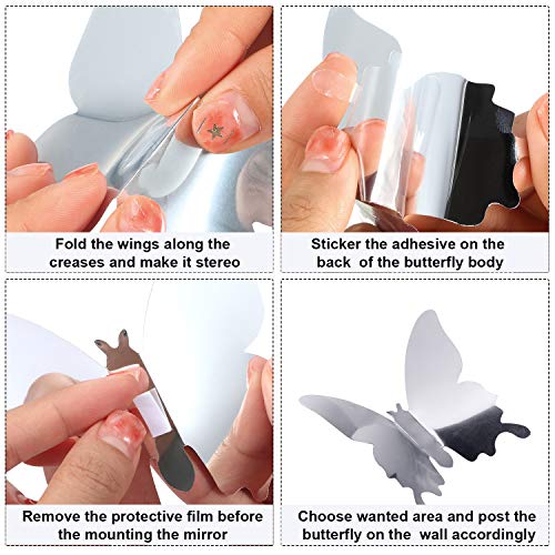 BBTO 48 piezas DIY Espejo Mariposa Combinación 3D Mariposa Pared Adhesivos Adhesivos Decoracion del Hogar (Plata)