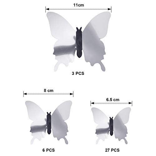 BBTO 48 piezas DIY Espejo Mariposa Combinación 3D Mariposa Pared Adhesivos Adhesivos Decoracion del Hogar (Plata)