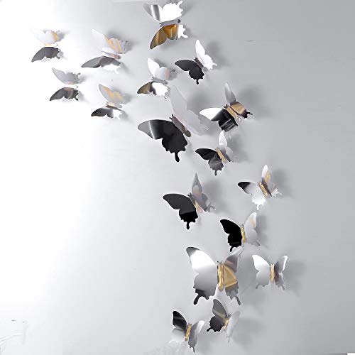 BBTO 48 piezas DIY Espejo Mariposa Combinación 3D Mariposa Pared Adhesivos Adhesivos Decoracion del Hogar (Plata)