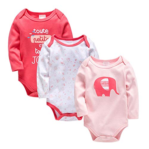 Bebé Body Pack de 3 - Mono Niños Mameluco Manga Larga para Niñas Pijama Trajes de Invierno Algodón Pelele Ropa Elefante Rosado 6-9 Meses