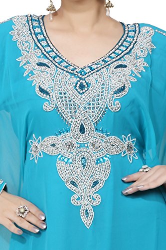 BEDI'S UAE Estilo Mujeres Farasha-Eid étnico desgaste- Maxi árabe islámico musulmanes Abaya vestido Jilbab Kaftan largo vestido - tamaño libre - turquesa(KAF-2924_TUR)