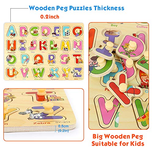 BeebeeRun 4 Piezas Puzzle de Madera Letras,Número,Vehículo y Animales,Juguetes Educativos Rompecabezas de Clavijas de Madera para 1 2 3 + Años Niños Niñas