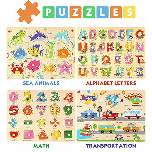 BeebeeRun 4 Piezas Puzzle de Madera Letras,Número,Vehículo y Animales,Juguetes Educativos Rompecabezas de Clavijas de Madera para 1 2 3 + Años Niños Niñas