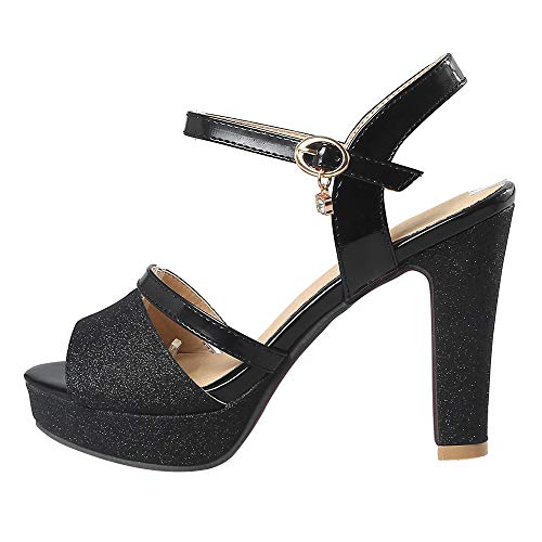 BeiaMina Mujer Zapatos Moda Tacón Alto Sandalias Plataforma Fiesta Zapatos Tacón Ancho Verano Zapatos Glitter Black Talla 32 Asiática