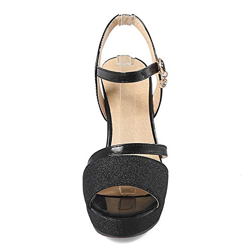 BeiaMina Mujer Zapatos Moda Tacón Alto Sandalias Plataforma Fiesta Zapatos Tacón Ancho Verano Zapatos Glitter Black Talla 32 Asiática