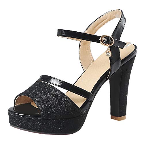 BeiaMina Mujer Zapatos Moda Tacón Alto Sandalias Plataforma Fiesta Zapatos Tacón Ancho Verano Zapatos Glitter Black Talla 32 Asiática