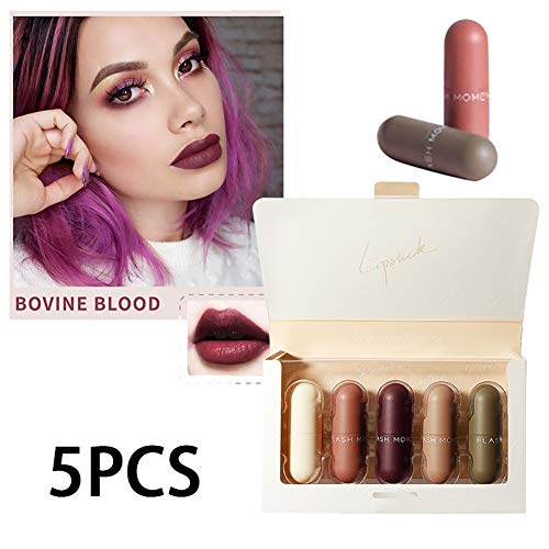 Beito Kit de barra de labios mate 5PCS Mini cápsula Barra de labios Barra de labios resistente al agua Set Long Wearing Terciopelo Mate Barra de labios Crema hidratante desnuda Barra de labios suave