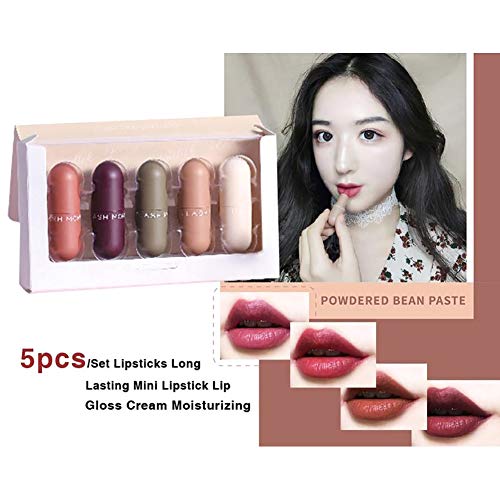 Beito Kit de barra de labios mate 5PCS Mini cápsula Barra de labios Barra de labios resistente al agua Set Long Wearing Terciopelo Mate Barra de labios Crema hidratante desnuda Barra de labios suave