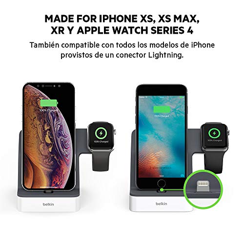 Belkin PowerHouse, Base de carga para Apple Watch + iPhone (estación de carga para iPhone 11, 11 Pro, 11 Pro Max, XS, XS Max, XR, X, SE, 8/8 Plus y otros, Apple Watch Series 5, 4, 3, 2, 1)