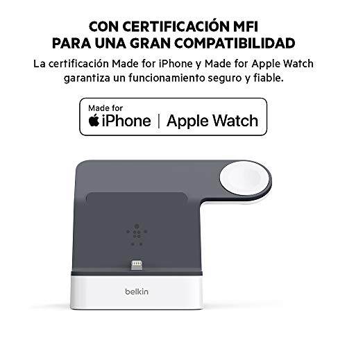 Belkin PowerHouse, Base de carga para Apple Watch + iPhone (estación de carga para iPhone 11, 11 Pro, 11 Pro Max, XS, XS Max, XR, X, SE, 8/8 Plus y otros, Apple Watch Series 5, 4, 3, 2, 1)