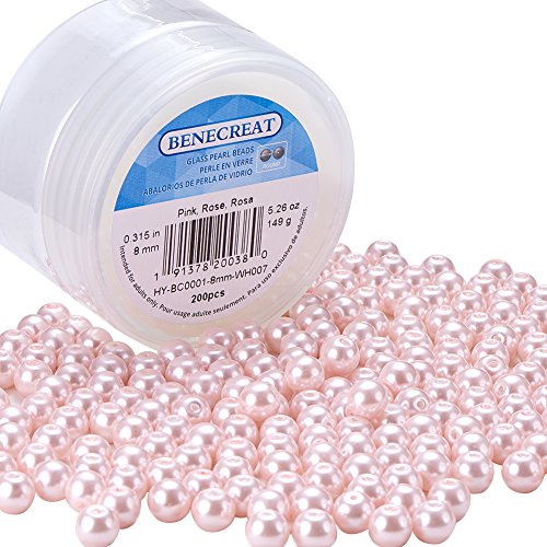 BENECREAT Sobre 200 PCS 8mm Redonda Perla de Cristal Abalorios de Manualidad para Decoración Hacer Pulsera Collar Rosa