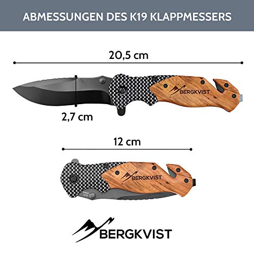 BERGKVIST® Navaja Plegable K19 I Navaja Muy Afilada I Navaja de Bolsillo con Mango de Madera I Navaja con Hoja de Titanio de Acero Inoxidable I Cuchillo con Piedra de afilar, Funda para el cinturón