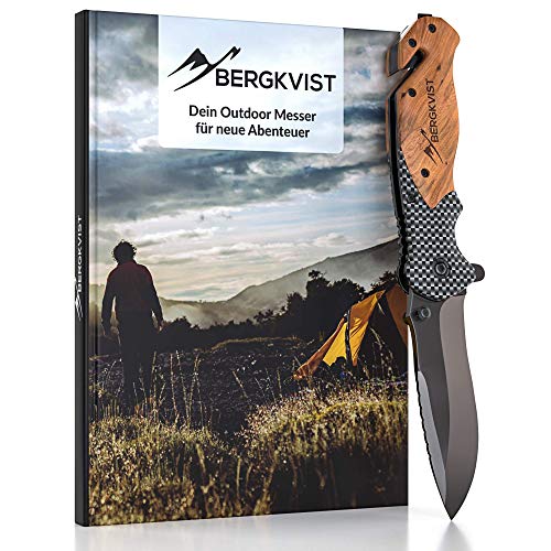 BERGKVIST® Navaja Plegable K19 I Navaja Muy Afilada I Navaja de Bolsillo con Mango de Madera I Navaja con Hoja de Titanio de Acero Inoxidable I Cuchillo con Piedra de afilar, Funda para el cinturón