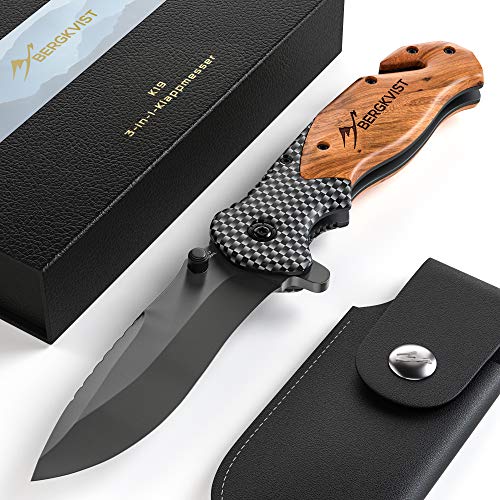 BERGKVIST® Navaja Plegable K19 I Navaja Muy Afilada I Navaja de Bolsillo con Mango de Madera I Navaja con Hoja de Titanio de Acero Inoxidable I Cuchillo con Piedra de afilar, Funda para el cinturón