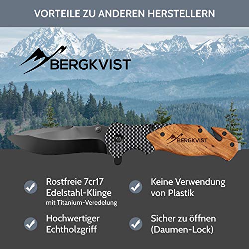 BERGKVIST® Navaja Plegable K19 I Navaja Muy Afilada I Navaja de Bolsillo con Mango de Madera I Navaja con Hoja de Titanio de Acero Inoxidable I Cuchillo con Piedra de afilar, Funda para el cinturón