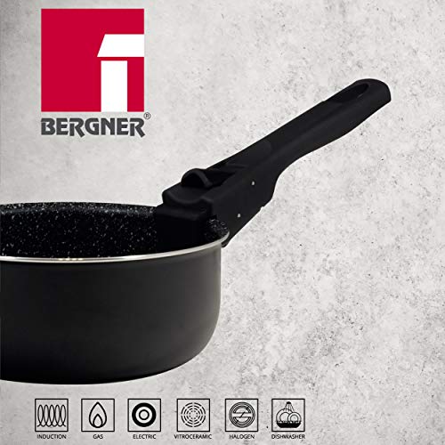 Bergner PK1525 Set 4 Sartenes 20/24/26/28 con 2 Mangos Click&Cook, Aluminio Prensado, Aptas para Inducción, Multicolor