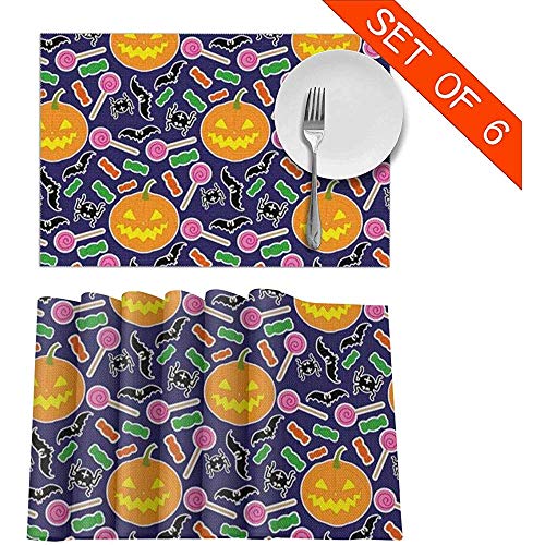Bert-Collins Placemat Manteles Individuales, Halloween 3 de Caramelos de Calabaza Arañas de murciélagos Negros en Mantel de Cocina Resistente al Calor para Mesa de Comedor Juego de 6