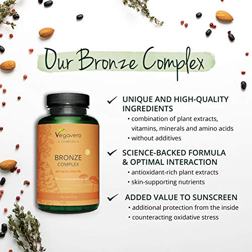 Betacaroteno Complex Vegavero® | Autobronceador Natural* | 180 Cápsulas | Sin Aditivos | Con Hoja de Olivo + Licopeno + Flavonoides + L-Tirosina + Zinc + Cobre | 100% Vegano | Activador Bronceado