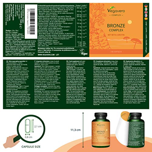 Betacaroteno Complex Vegavero® | Autobronceador Natural* | 180 Cápsulas | Sin Aditivos | Con Hoja de Olivo + Licopeno + Flavonoides + L-Tirosina + Zinc + Cobre | 100% Vegano | Activador Bronceado