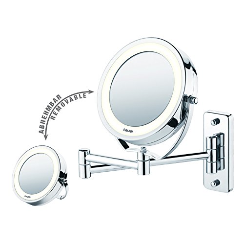 Beurer BS59 - Espejo maquillaje con luz LED, con brazo para pared, 2 espejos en 1, 1 cara vista normal, 1 cara con aumento x5, espejo estraible del brazo, color plata