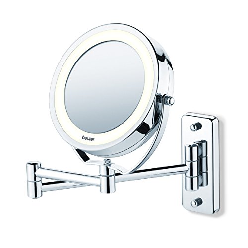 Beurer BS59 - Espejo maquillaje con luz LED, con brazo para pared, 2 espejos en 1, 1 cara vista normal, 1 cara con aumento x5, espejo estraible del brazo, color plata