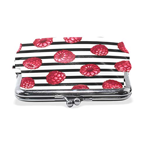 BGHYT Monedero Frambuesas Rojas Rayas Blancas Negras Monedero Bolsas Monedero de Cuero Portatarjetas Tarjeta de Embrague Bolso