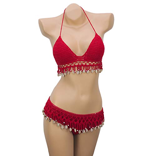 Bikini para Mujer Dividir Tejido A Mano Tejido Bikini Shell Traje De Baño Baño De Aguas Termales,S