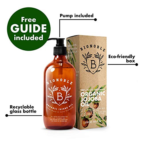 BIONOBLE ACEITE DE JOJOBA PURO 100% Orgánico y Prensado en Frío | Bomba, Botella de Vidrio | Cara, Cuerpo, Pelo, Cabello y Uñas | Aceite de Masaje | Jojoba Oil (250 ml)