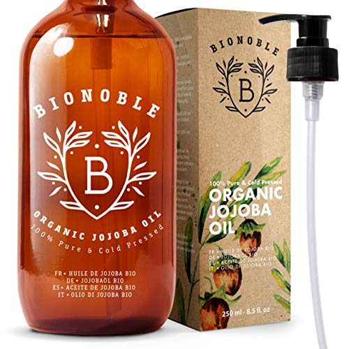 BIONOBLE ACEITE DE JOJOBA PURO 100% Orgánico y Prensado en Frío | Bomba, Botella de Vidrio | Cara, Cuerpo, Pelo, Cabello y Uñas | Aceite de Masaje | Jojoba Oil (250 ml)