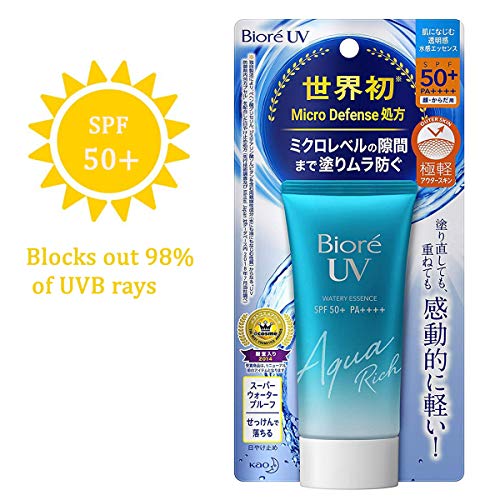 Biore Protección solar UV Aqua Rich Watery Essence SPF50+ PA++++ resistente al sudor, Broad Spectrum rostro y cuello, humedad, protección solar, base de maquillaje, verano, playa al aire libre Ametsus