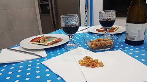bissu -. Mantel de Papel Plastificado Desechable Antimanchas para Mesas de Comedor y Cocina Rectangulares de Colores. | Rollo de 25 x 1.18 Metros. (Lunares Azul)