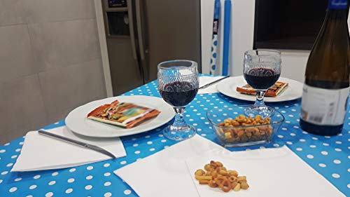 bissu -. Mantel de Papel Plastificado Desechable Antimanchas para Mesas de Comedor y Cocina Rectangulares de Colores. | Rollo de 25 x 1.18 Metros. (Lunares Azul)