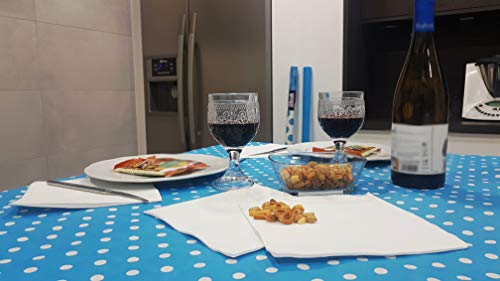 bissu -. Mantel de Papel Plastificado Desechable Antimanchas para Mesas de Comedor y Cocina Rectangulares de Colores. | Rollo de 25 x 1.18 Metros. (Lunares Azul)