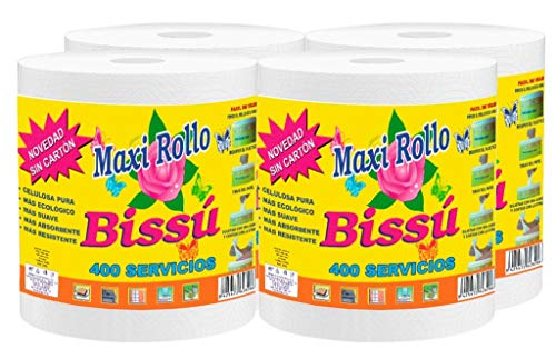 bissu - Papel Cocina Secamanos Absorbente Maxi Rollos - Formato Ahorro - Pack de 4 Rollos con 2 Capas - Tamaño Industrial - 400 Servicios