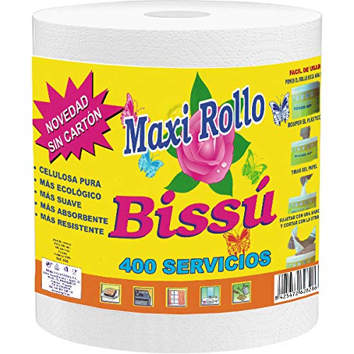 bissu - Papel Cocina Secamanos Absorbente Maxi Rollos - Formato Ahorro - Pack de 4 Rollos con 2 Capas - Tamaño Industrial - 400 Servicios