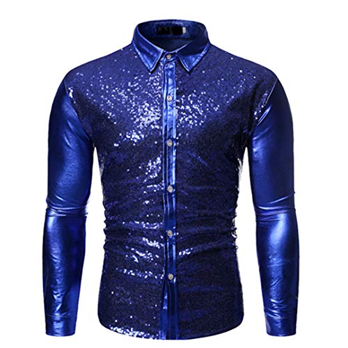 BKDTDYL Oro Brillante del Club de Noche del Desgaste para Hombre de Lentejuelas Vestido metálico del Brillo del Paillette Camisa Royal Blue US Size L