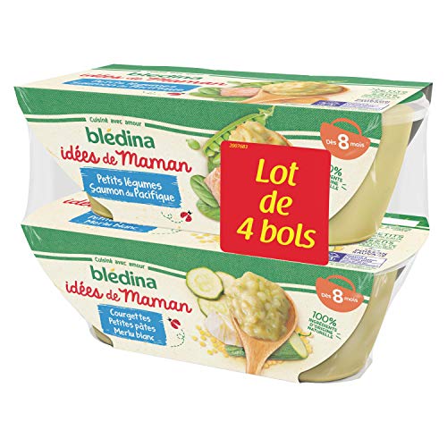 Blédina 12 bols Idées de Maman (3 Lots de 4) dès 8 Mois : 6 Petits Légumes Saumon du Pacifique / 6 Courgettes Petites Pâtes Merlu Blanc
